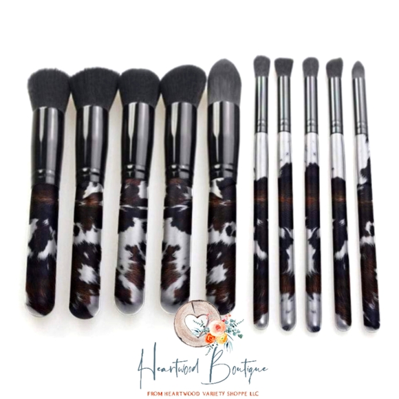 Cowprint makeup brush set 10pc western sunflower stripe horse cowboy Retro new - Picture 2 of 4